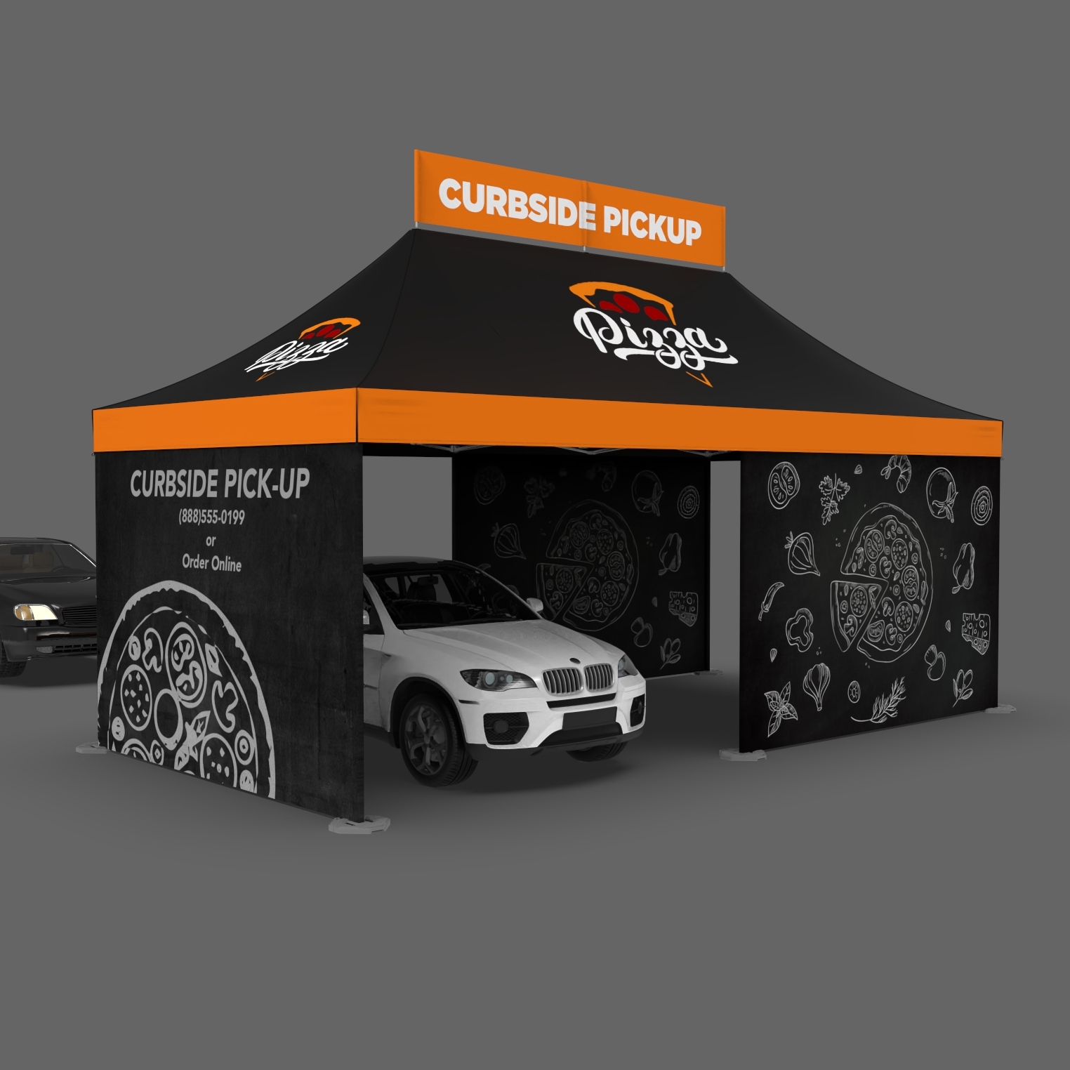 Drive thru pizza tent with black and orange custom printed walls and top banner saying curbside pickup