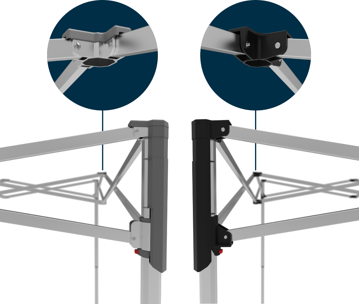 close-up comparison of medium duty and heavy duty pop up tent frames