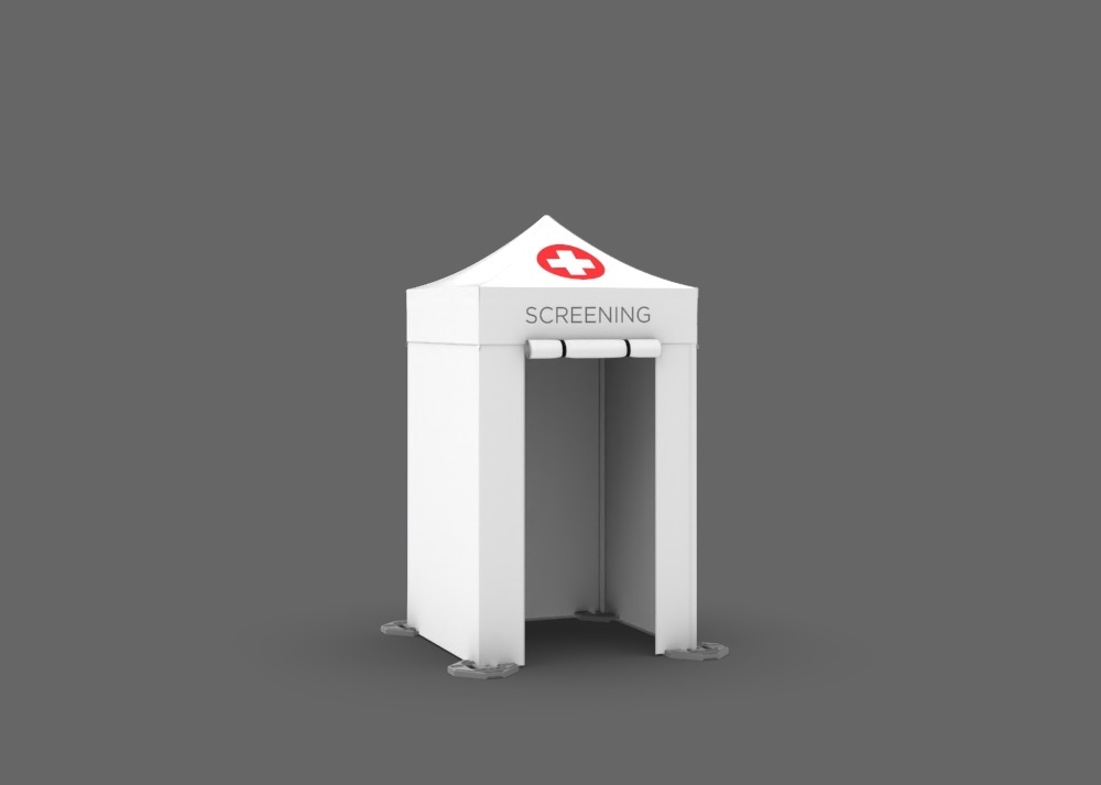 Custom printed white mobile 5x5 tent that reads screening and has a red cross on the roof