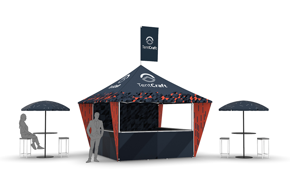 MONARCHTENT Reach with flags, banners, and umbrella seating.